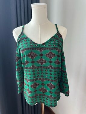 Green Printed Cold-Shoulder V-Neck Women's Top Size Small Bohemian Hippie